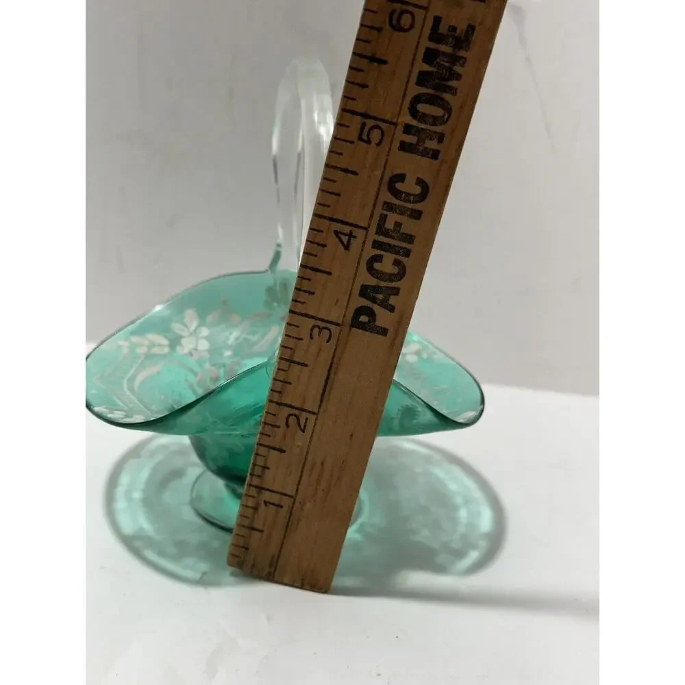 Vintage Murano Moser Etched Scenery Green Blown‎ Art Glass Basket Clear Handle
